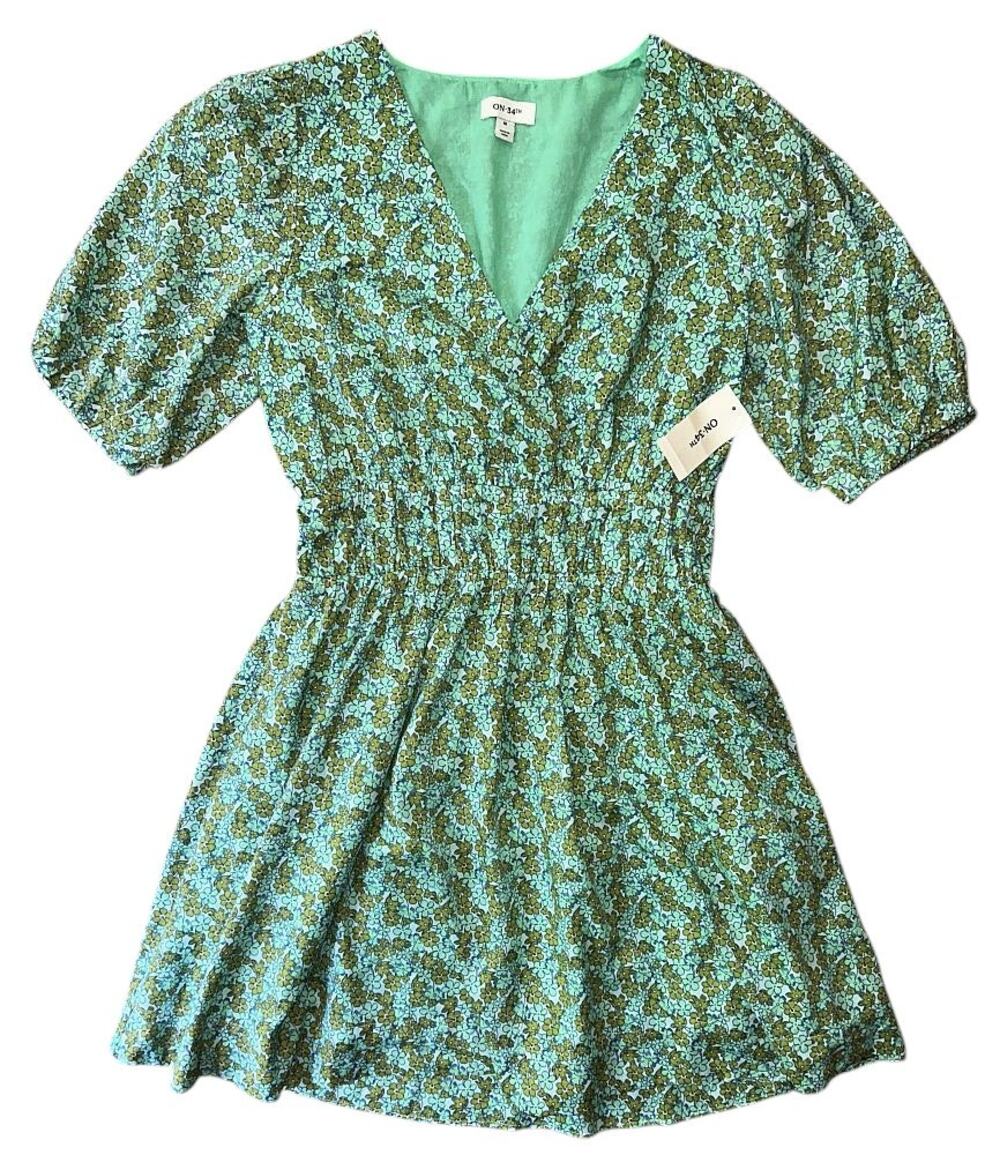 NWT On 34th Printed Cotton Summer Mint Green Mini Dress Medium